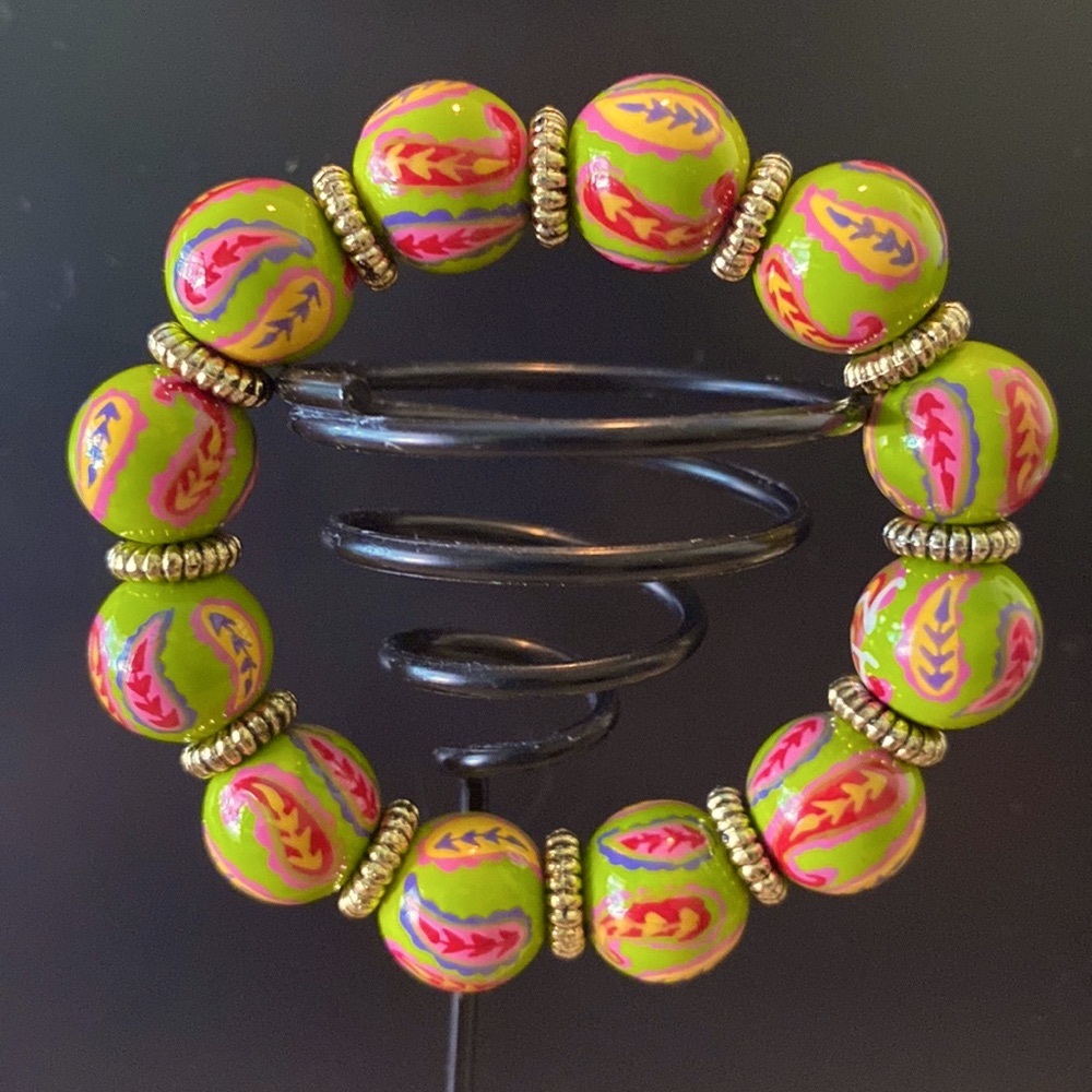 Angela Moore hand painted beaded bracelet - Paisley Green Pink Multi - Picture 5 of 5